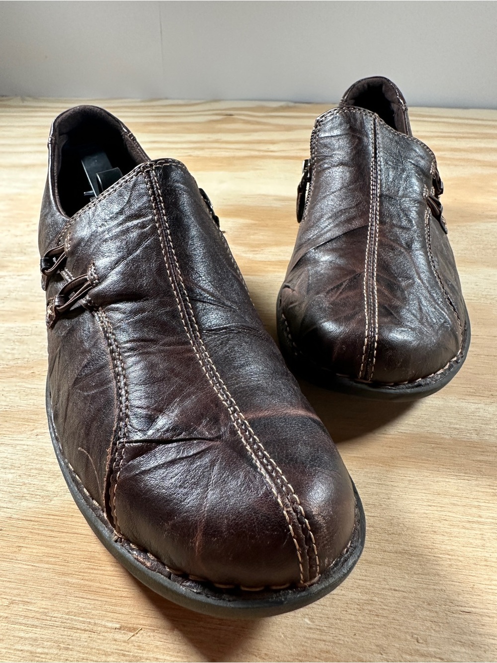 Clarks Brown Leather Slip-On Loafers with Side Buckle Detail